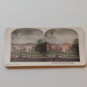 ANTIQUE STEREOGRAPH CARD Railway Station, Turin, Italy
